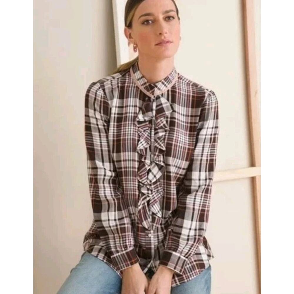 Chico's Ruffle Button Front Long Sleeve Top brown plaid measures like size XXL